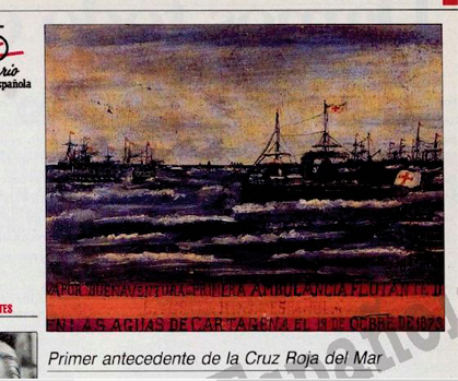 Ilustración de un buque hospital en las aguas frente a Cartagena, durante los conflictos cantonales en 1873. Es el primer antecedente de Cruz Roja del Mar.<br> 
