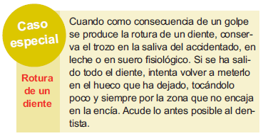 Caso especial Rotura de un diente: Cuando como consecuencia de un golpe se produce la rotura de un diente, conserva el trozo en la saliva del accidentado, en leche o en suero fisiológico. Si se ha salido todo el diente, intenta volver a meterlo en el hueco que ha dejado, tocándolo poco y siempre por la zona que no encaja en la encía. Acude lo antes posible al dentista.