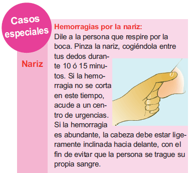 Casos especiales. Hemorragias por la nariz: Dile a la persona que respire por la boca. Pinza la nariz, cogiéndola entre tus dedos durante 10 ó 15 minutos. Si la hemorragia no se corta en este tiempo, acude a un centro de urgencias. Si la hemorragia es abundante, la cabeza debe estar ligeramente inclinada hacia delante, con el fin de evitar que la persona se trague su propia sangre.