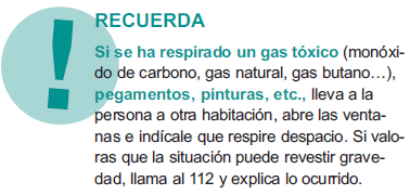 RECUERDA Si se ha respirado un gas tóxico (monóxido de carbono, gas natural, gas butano...), pegamentos, pinturas, etc., lleva a la persona a otra habitación, abre las ventanas e indícale que respire despacio. Si valoras que la situación puede revestir gravedad, llama al 112 y explica lo ocurrido.