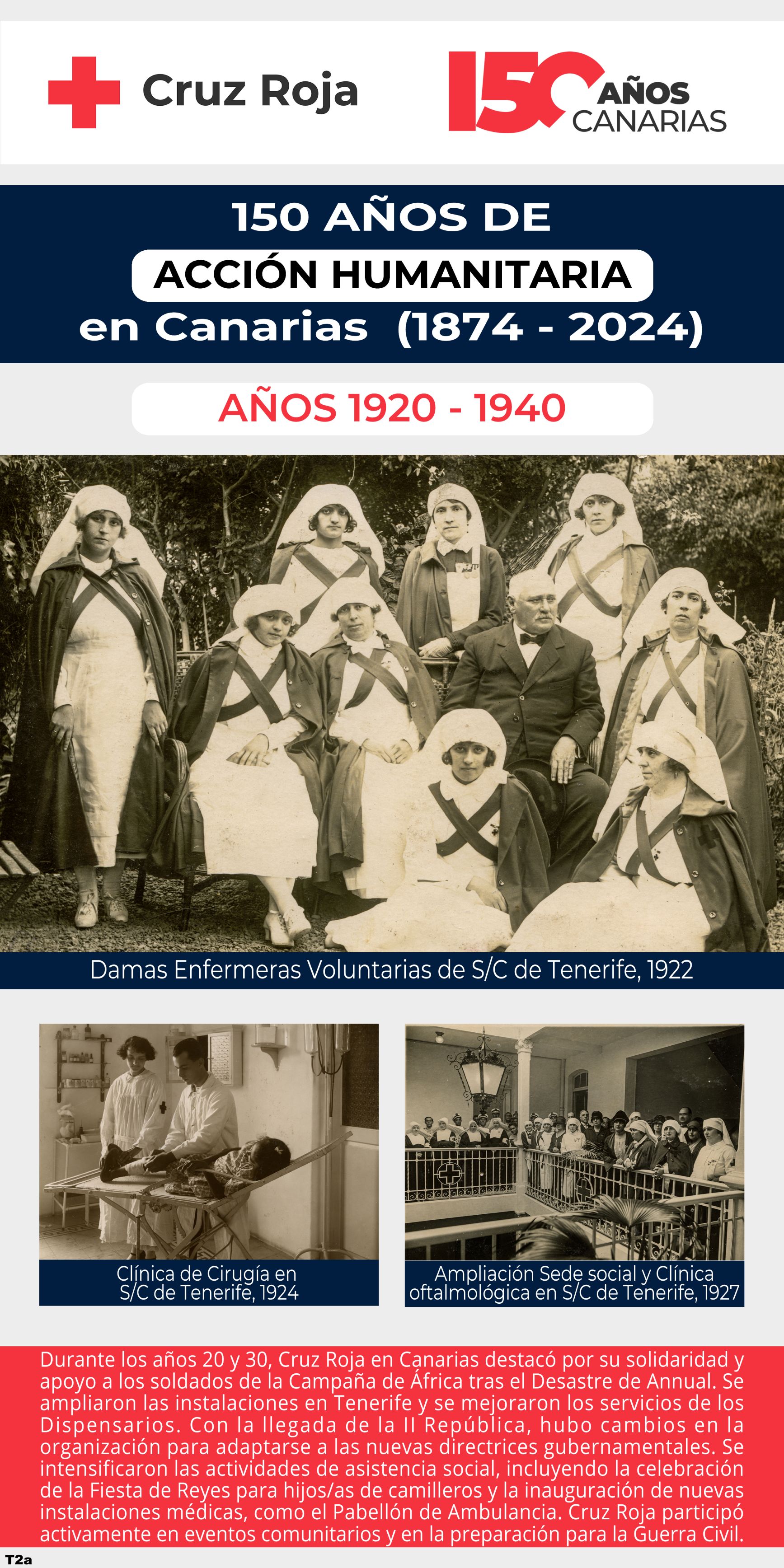 Durante los años 20 y 30, Cruz Roja en Canarias destacó por su solidaridad y apoyo a los soldados de la Campaña de África tras el Desastre de Annual. Se ampliaron las instalaciones en Tenerife y se mejoraron los servicios de los Dispensarios. Con la llegada de la II República, hubo cambios en la organización para adaptarse a las nuevas directrices gubernamentales. Se intensificaron las actividades de asistencia social, incluyendo la celebración de la Fiesta de Reyes para hijos/as de camilleros y la inauguración de nuevas instalaciones médicas, como el Pabellón de Ambulancia. Cruz Roja participó activamente en eventos comunitarios y en la preparación para la Guerra Civil.