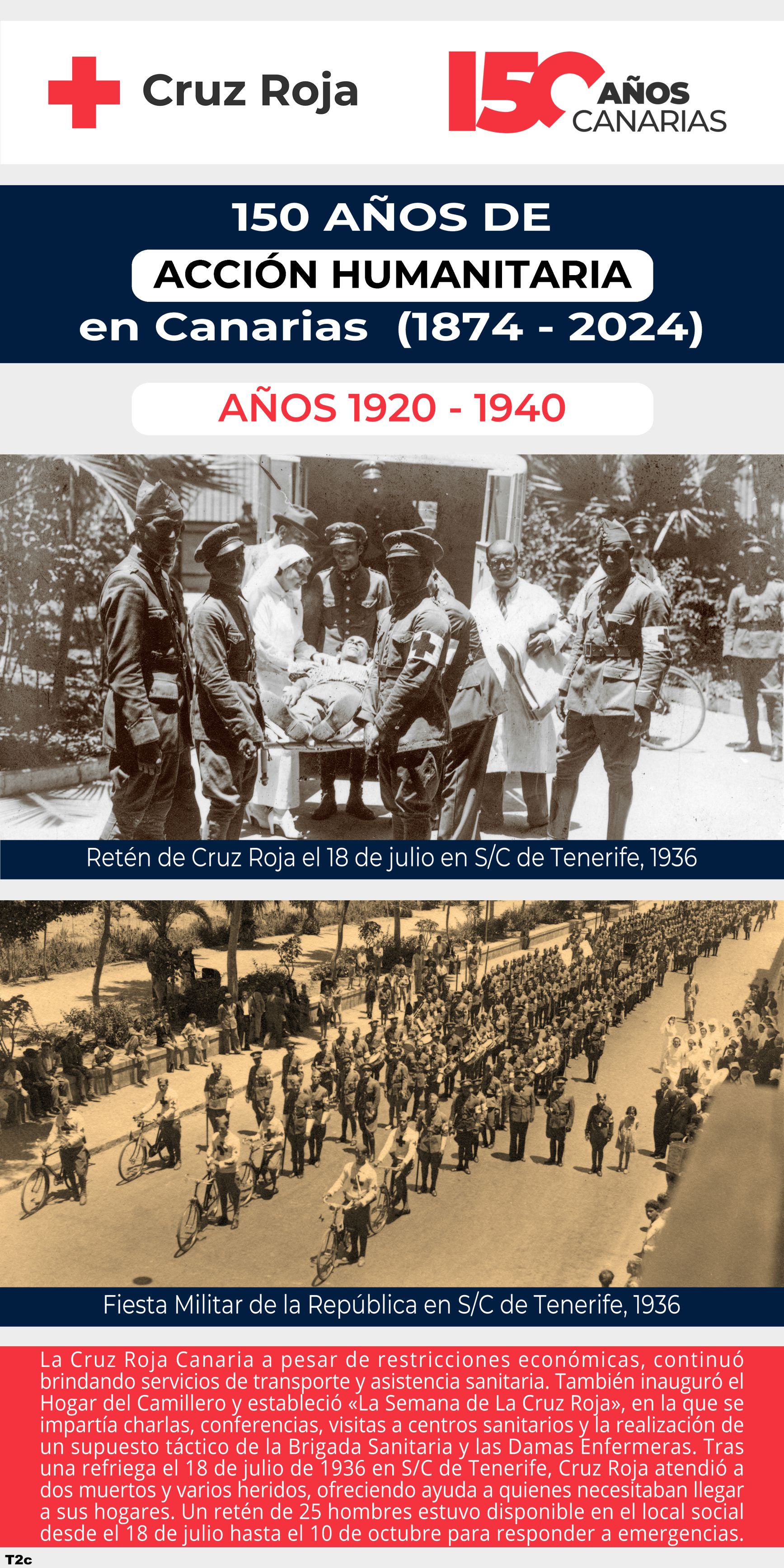 La Cruz Roja Canaria a pesar de restricciones económicas, continuó brindando servicios de transporte y asistencia sanitaria. También inauguró el Hogar del Camillero y estableció «La Semana de La Cruz Roja», en la que se impartía charlas, conferencias, visitas a centros sanitarios y la realización de un supuesto táctico de la Brigada Sanitaria y las Damas Enfermeras. Tras una refriega el 18 de julio de 1936 en S/C de Tenerife, Cruz Roja atendió a dos muertos y varios heridos, ofreciendo ayuda a quienes necesitaban llegar a sus hogares. Un retén de 25 hombres estuvo disponible en el local social desde el 18 de julio hasta el 10 de octubre para responder a emergencias.