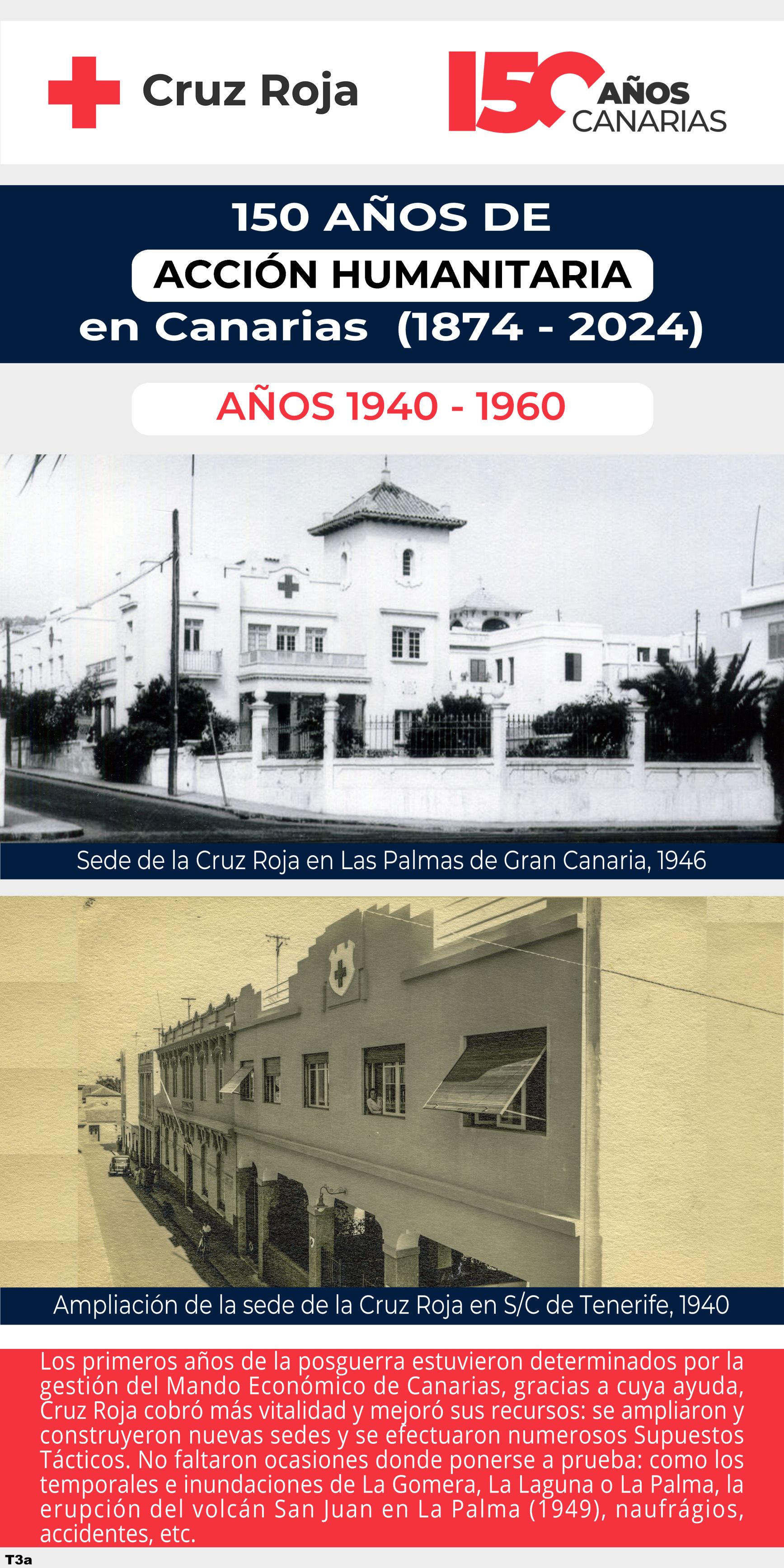 Los primeros años de la posguerra estuvieron determinados por la gestión del Mando Económico de Canarias, gracias a cuya ayuda, Cruz Roja cobró más vitalidad y mejoró sus recursos: se ampliaron y construyeron nuevas sedes y se efectuaron numerosos Supuestos Tácticos. No faltaron ocasiones donde ponerse a prueba: como los temporales e inundaciones de La Gomera,&nbsp;La Laguna o La Palma, la erupción del volcán San Juan en La Palma (1949), naufrágios, accidentes, etc. 