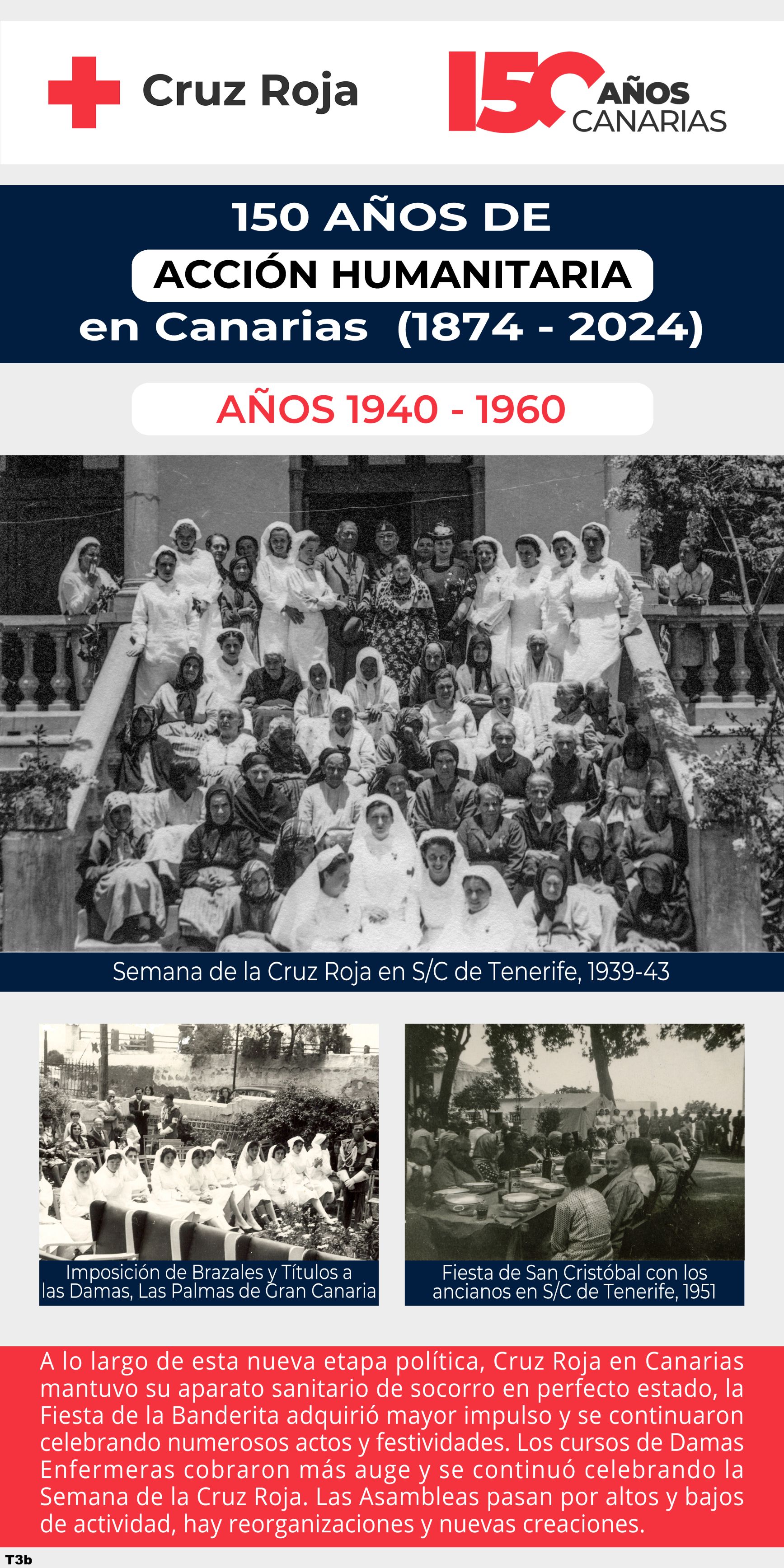 A lo largo de esta nueva etapa política, Cruz Roja en Canarias mantuvo su aparato sanitario de socorro en perfecto estado, la Fiesta de la Banderita adquirió mayor impulso y se continuaron celebrando numerosos actos y festividades. Los cursos de Damas Enfermeras cobraron más auge y se continuó celebrando la Semana de la Cruz Roja. Las Asambleas pasan por altos y bajos de actividad, hay reorganizaciones y nuevas creaciones.