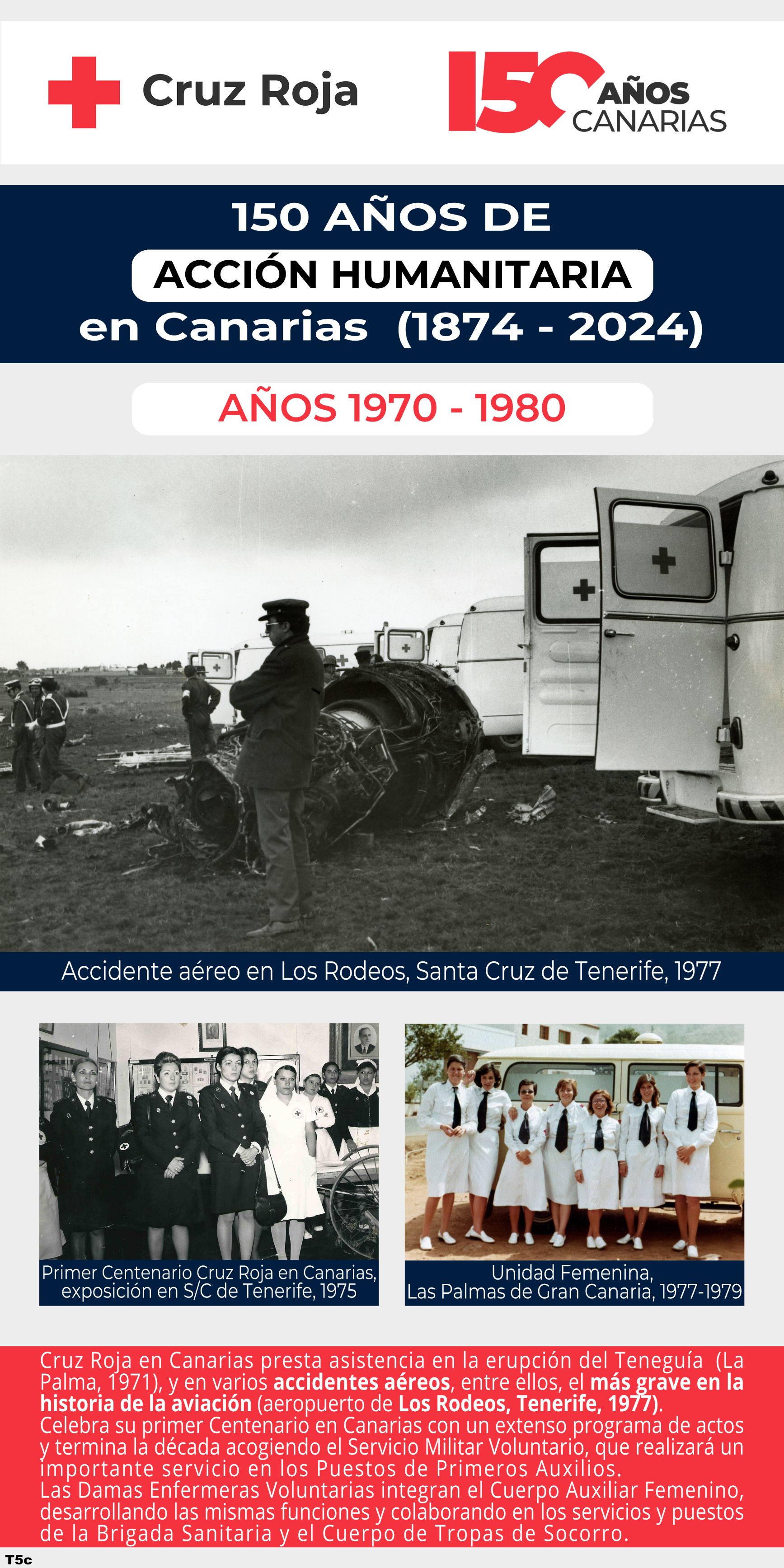 Cruz Roja en Canarias presta asistencia en la erupción del Teneguía (La Palma, 1971), y en varios accidentes aéreos, entre ellos, el más grave en la historia de la aviación (aeropuerto de Los Rodeos, Tenerife, 1977). Celebra su primer Centenario en Canarias con un extenso programa de actos y termina la década acogiendo el Servicio Militar Voluntario, que realizará un importante servicio en los Puestos de Primeros Auxilios. Las Damas Enfermeras Voluntarias integran el Cuerpo Auxiliar Femenino, desarrollando las mismas funciones y colaborando en los servicios y puestos de la Brigada Sanitaria y el Cuerpo de Tropas de Socorro.