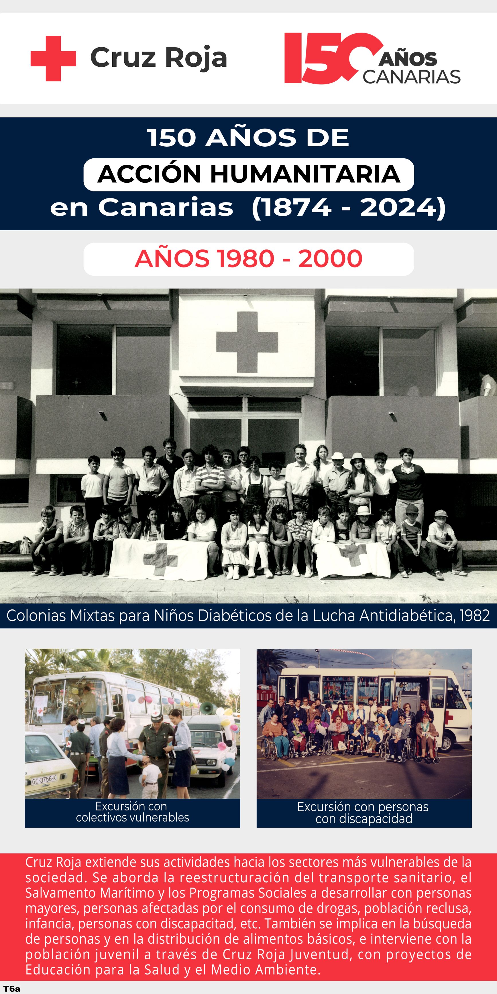 Cruz Roja extiende sus actividades hacia los sectores más vulnerables de la sociedad. Se aborda la reestructuración del transporte sanitario, el Salvamento Marítimo y los Programas Sociales a desarrollar con personas mayores, personas afectadas por el consumo de drogas, población reclusa, infancia, personas con discapacitad, etc. También se implica en la búsqueda de personas y en la distribución de alimentos básicos, e interviene con la población juvenil a través de Cruz Roja Juventud, con proyectos de Educación para la Salud y el Medio Ambiente. 