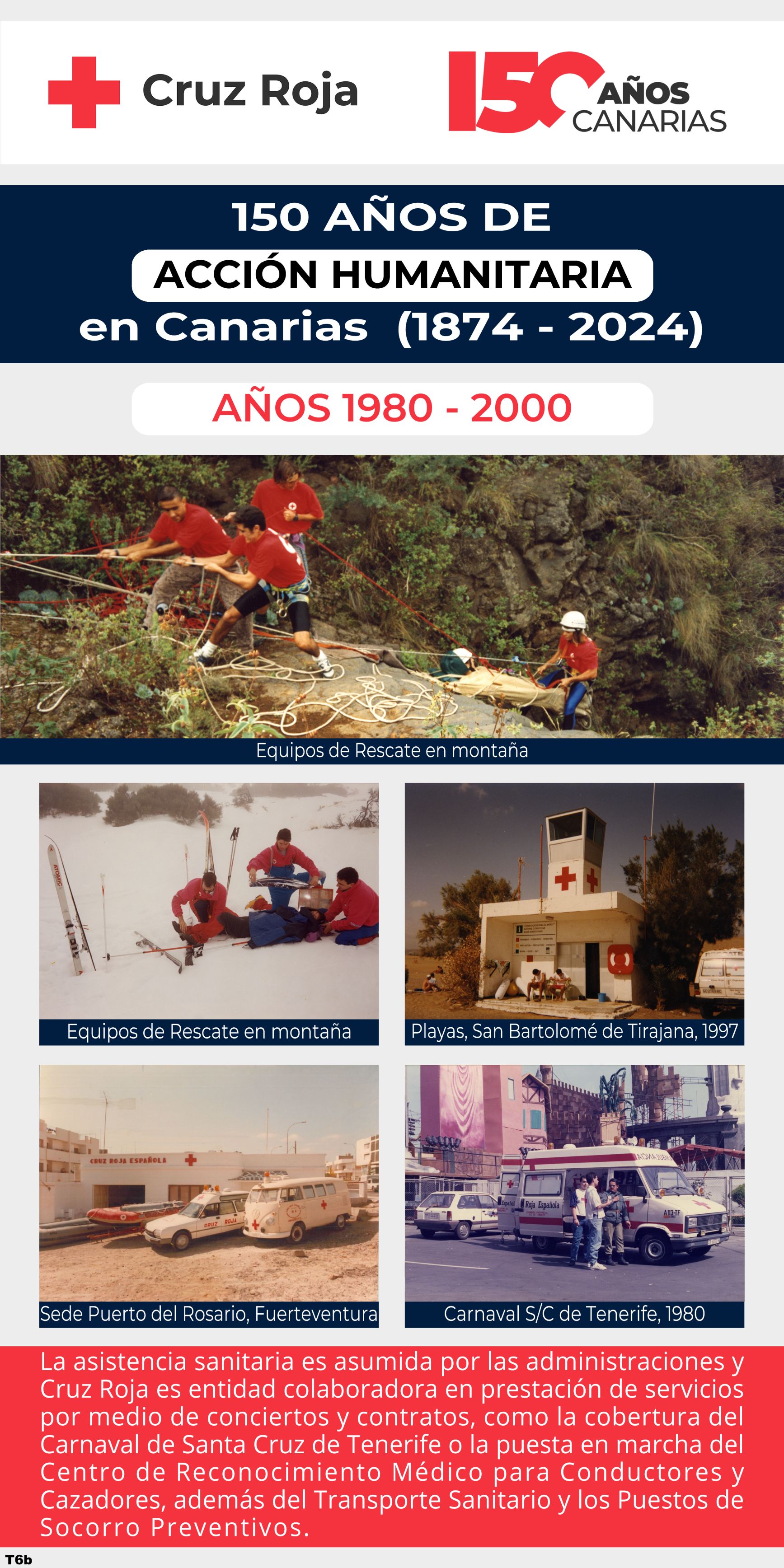 La asistencia sanitaria es asumida por las administraciones y Cruz Roja es entidad colaboradora en prestación de servicios por medio de conciertos y contratos, como la cobertura del Carnaval de Santa Cruz de Tenerife o la puesta en marcha del Centro de Reconocimiento Médico para Conductores y Cazadores, además del Transporte Sanitario y los Puestos de Socorro Preventivos.