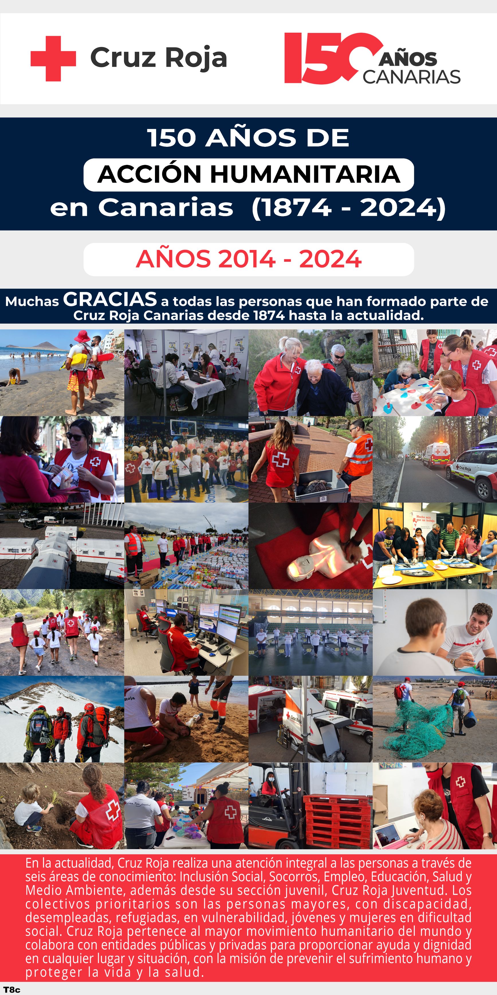 En la actualidad, Cruz Roja realiza una atención integral a las personas a través de seis áreas de conocimiento: Inclusión Social, Socorros, Empleo, Educación, Salud y Medio Ambiente, además desde su sección juvenil, Cruz Roja Juventud. Los colectivos prioritarios son las personas mayores, con discapacidad, desempleadas, refugiadas, en vulnerabilidad, jóvenes y mujeres en dificultad social. Cruz Roja pertenece al mayor movimiento humanitario del mundo y colabora con entidades públicas y privadas para proporcionar ayuda y dignidad en cualquier lugar y situación, con la misión de prevenir el sufrimiento humano y proteger la vida y la salud. 